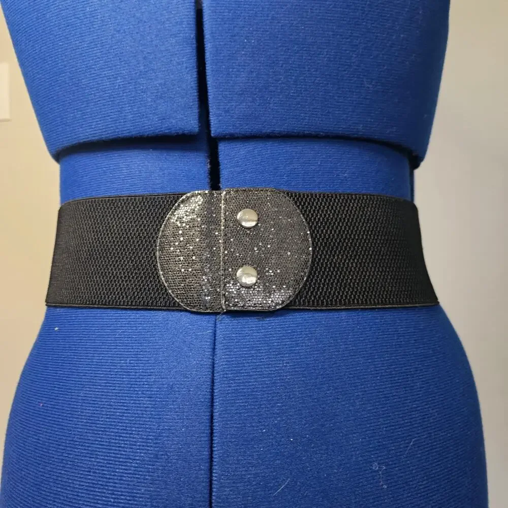 Vintage Black Elastic Bow Belt | Sparkle Mesh Center Bow | Adj Cinch Waist Belt